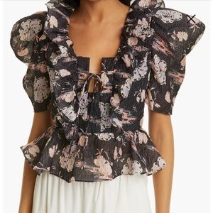 Ulla Johnson Fannie Floral Puff Sleeve Tie Plunge Top Size 2 Silk